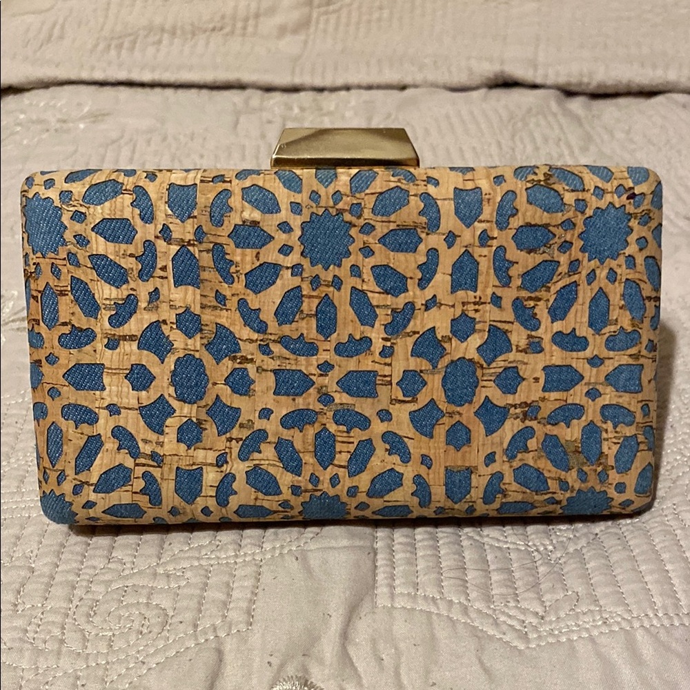 Denim & Cork Clutch Bag with Detachable Brass Chain